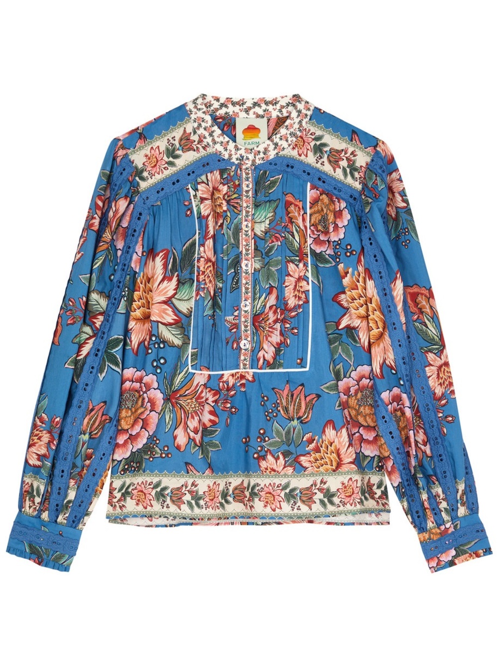 FARM RIO Wonderful Bouquet Eyelet Blue Long–Sleeve Top Blouse NWT